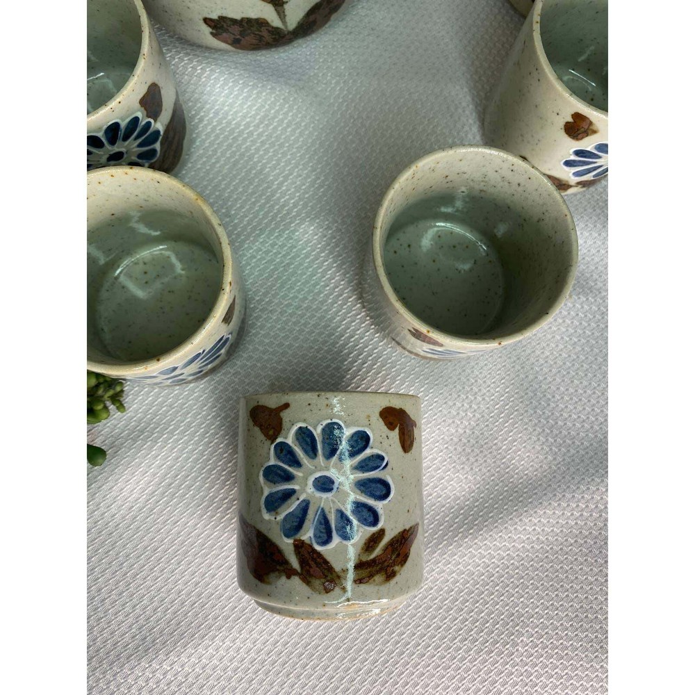 Stoneware Tea Set Kettle with Six cups Bamboo handle