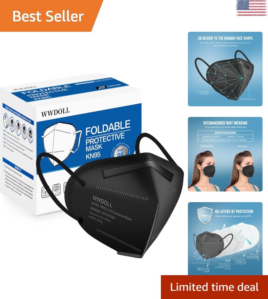 Protective KN95 Face Mask - 5-Layer Breathable Disposable - Black - 25 Pack