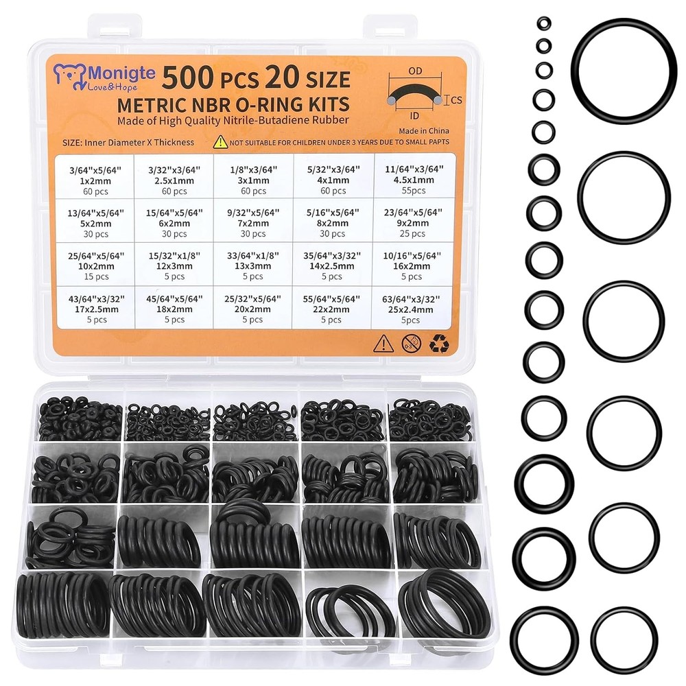 500 Pcs 20 Sizes O Ring Kit,Rubber O-Ring Assortment Kit, Rubber Black