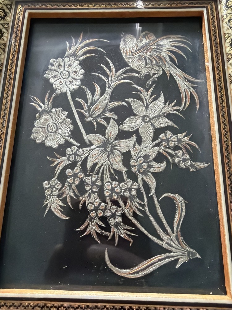 Vintage Middle Eastern Khatam Frame with Copper Bird Art
