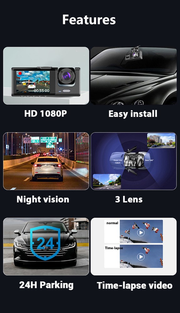 1080P Car DVR Dash Cam Recorder Video G-Sensor Front Rear Inside Camera 2 In