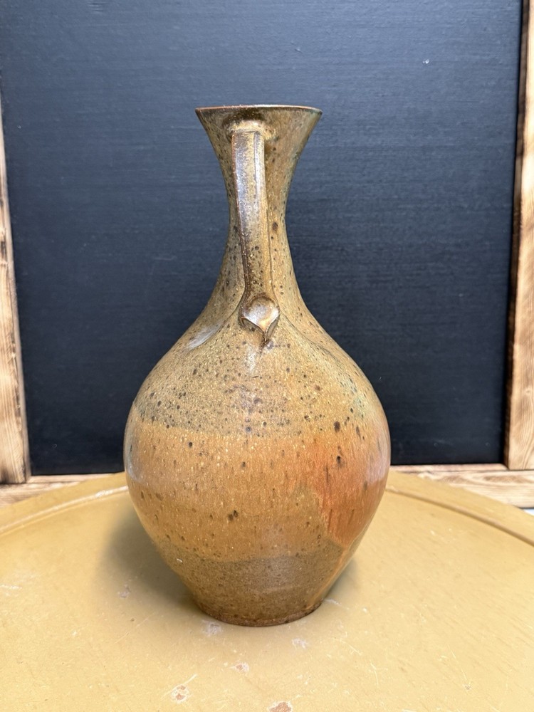 Handcrafted Brown/Beige Speckled Art Pottery Pitcher W/pulled Handle