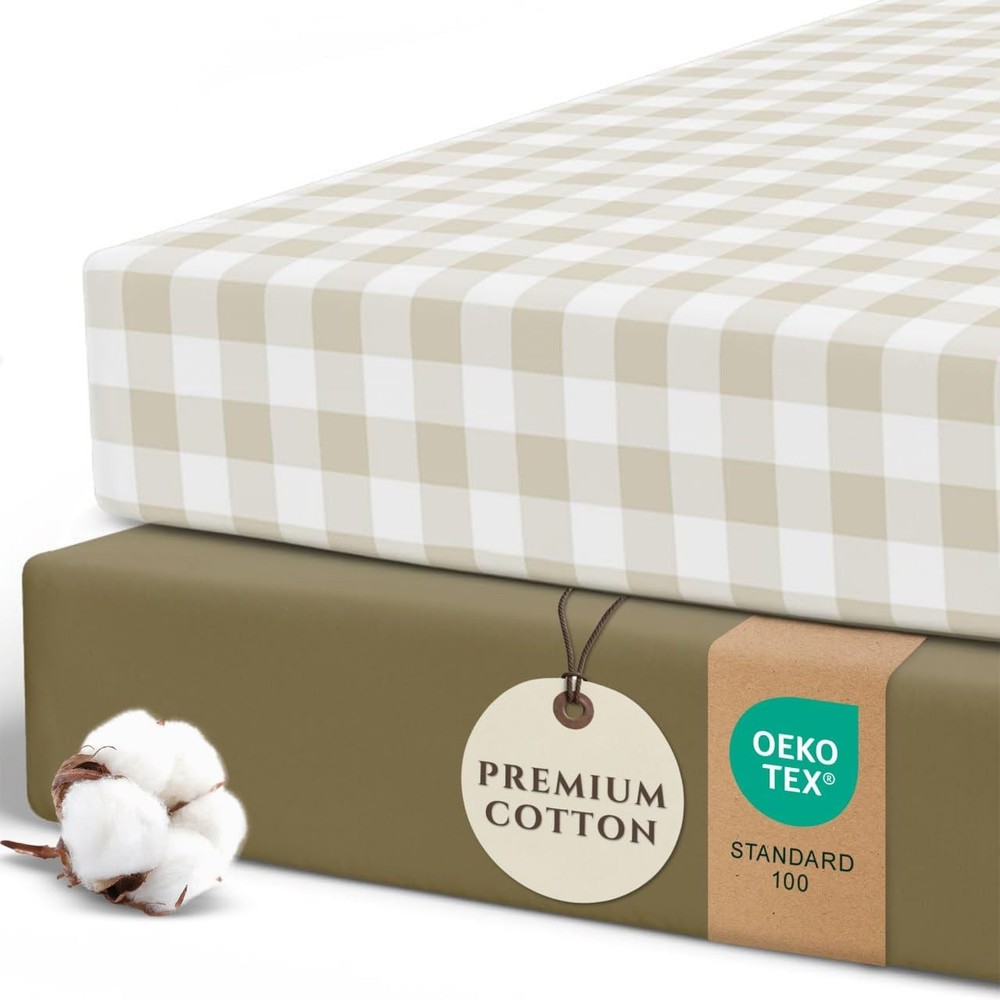Pobibaby – 2 Pack Crib Sheets for Boys, 2 Pack, Gingham Khaki