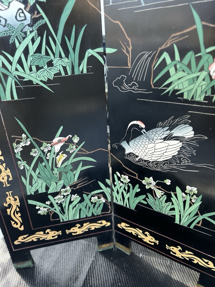 Vintage Asian 4 panel Hand Carved & Painted Screen Divider