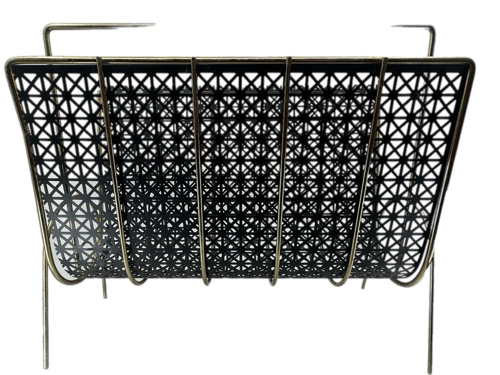 1950s Mid Century Modern Brass & Black Metal Magazine Rack Atomic Star Pattern