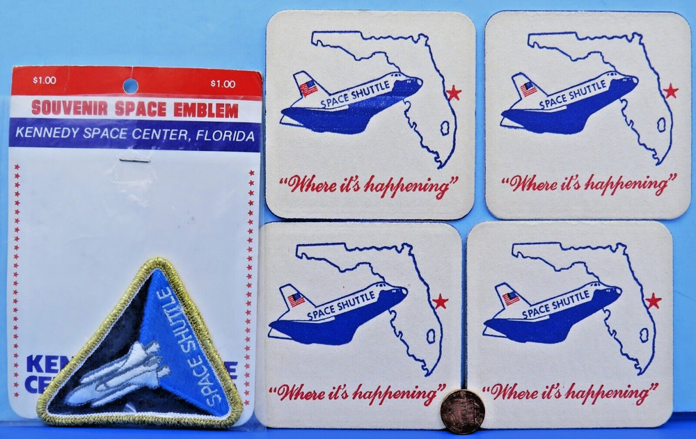 NASA Space Shuttle COASTER Set & PATCH vtg Florida "Where it's happening" LAUNCH