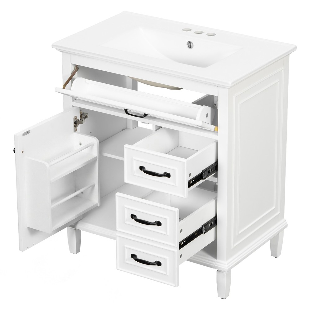 30" White Bathroom Vanity with Ceramic Sink and Solid Wood Cabinet