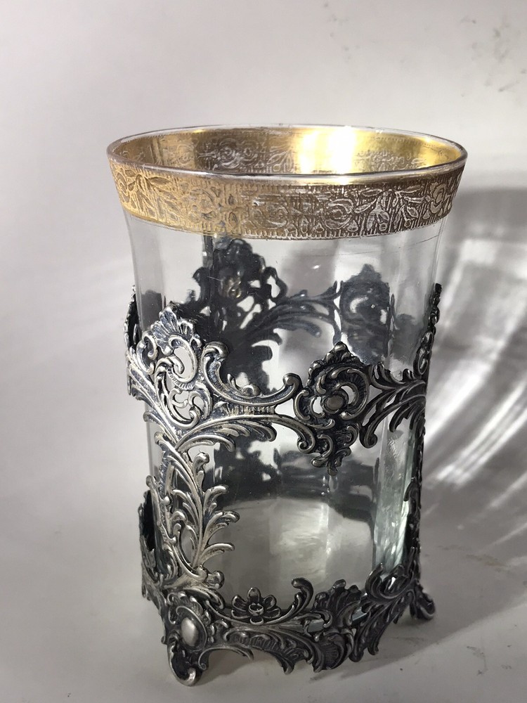 Antique Solid Silver 800 Tea Glass Holder With Glass