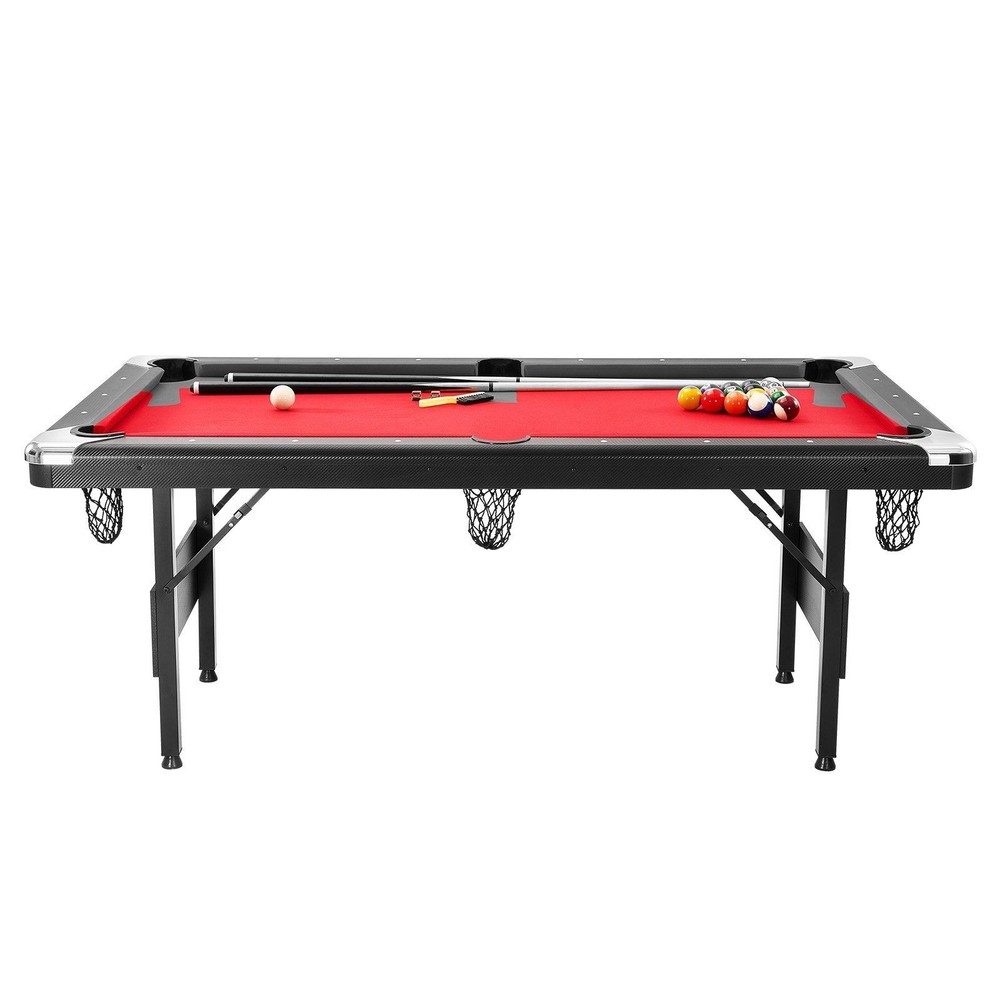 Stylish 6.3ft Pool Table Black Cabinet Red Playing Surface Foldable Support