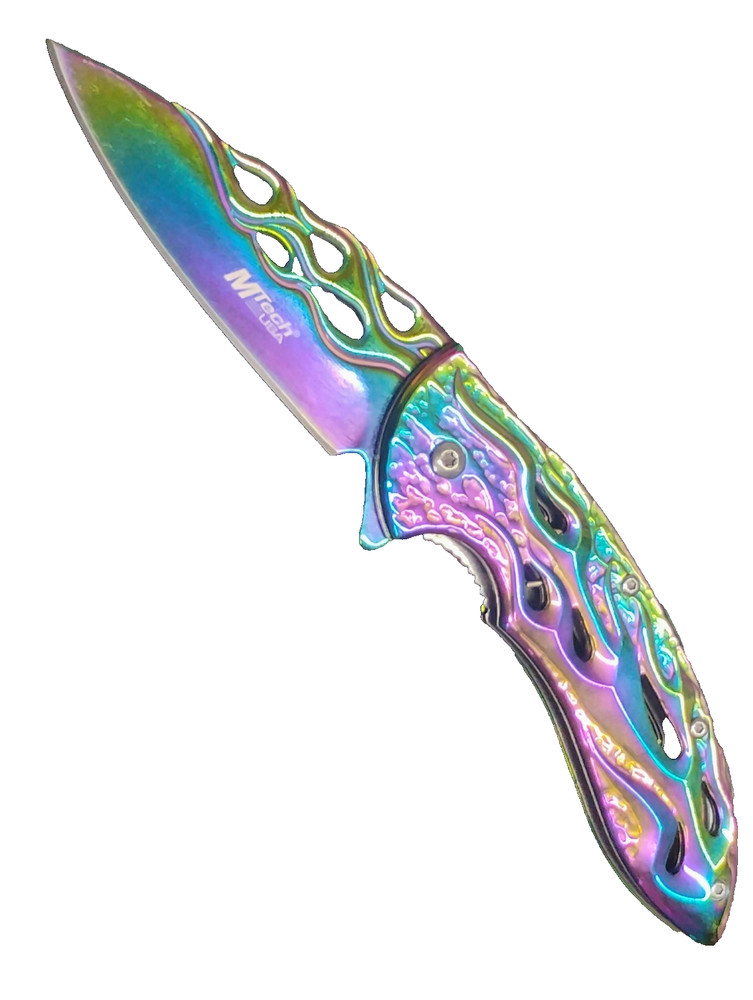 MTECH Assisted Opening Pocket Knife Rainbow Flame Cutout Fire Pattern Blade EDC
