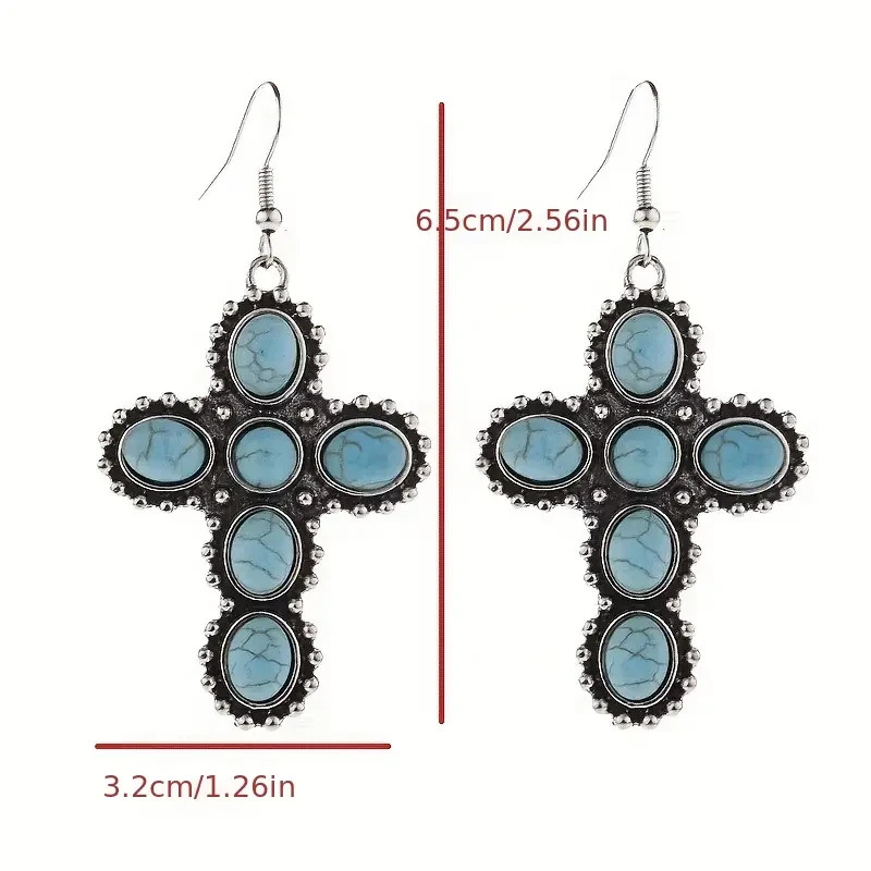 Turquoise Inlaid Cross Dangle Earrings Silver Tone