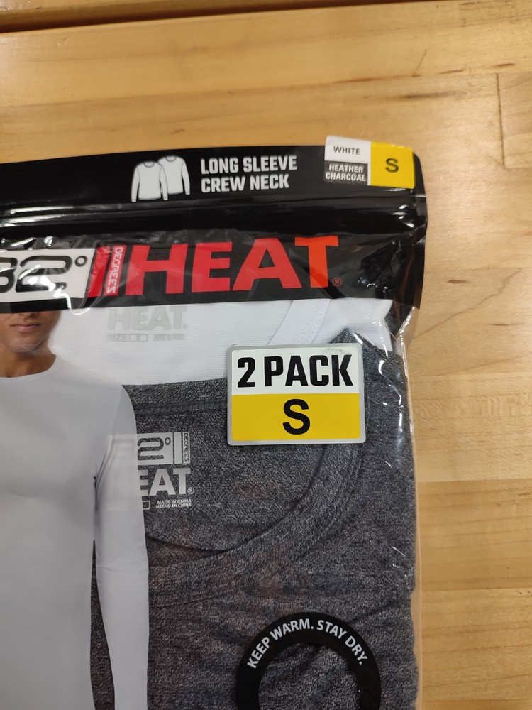 32 Degrees 2 Pack Performance Moisture Wicking Crew Base Layer Small Gray White