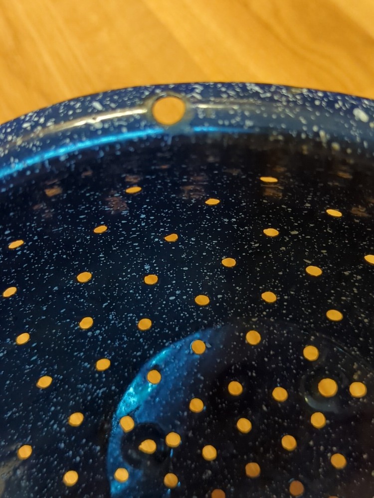 Vintage Enamelware Colander Strainer Blue Speckled 11.5" Round