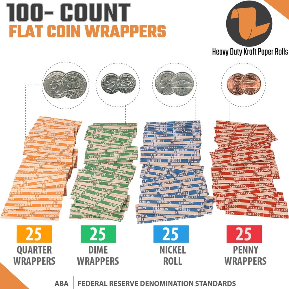 4 Color Coded Coin Counters Tubes and Assorted Coin Wrappers