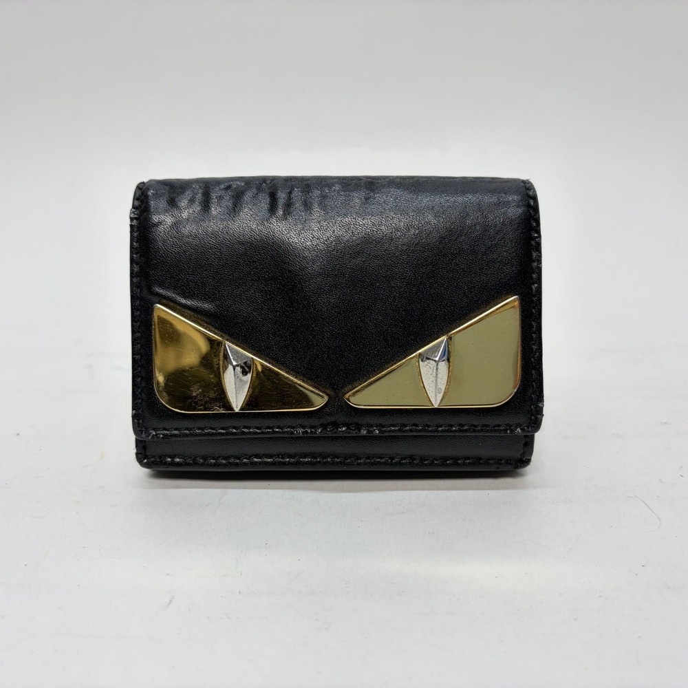 FENDI Three-Fold Wallet Monster Compact Wallet Leather Black