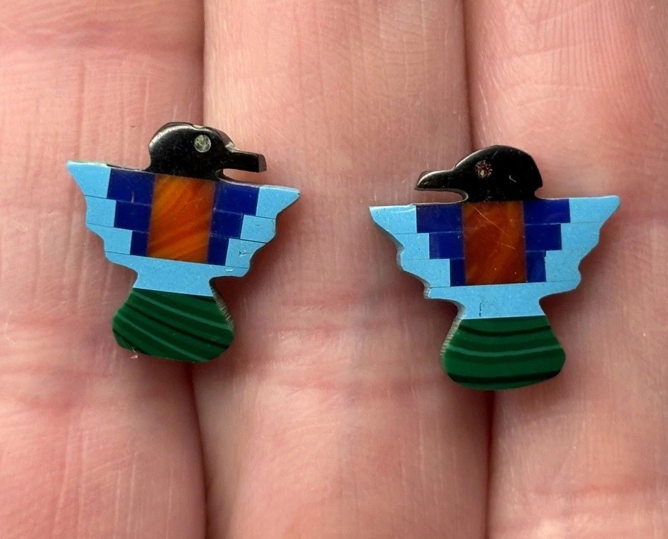 Sterling Silver Multicolor Inlay Thunderbird Stud Earrings Southwestern Style