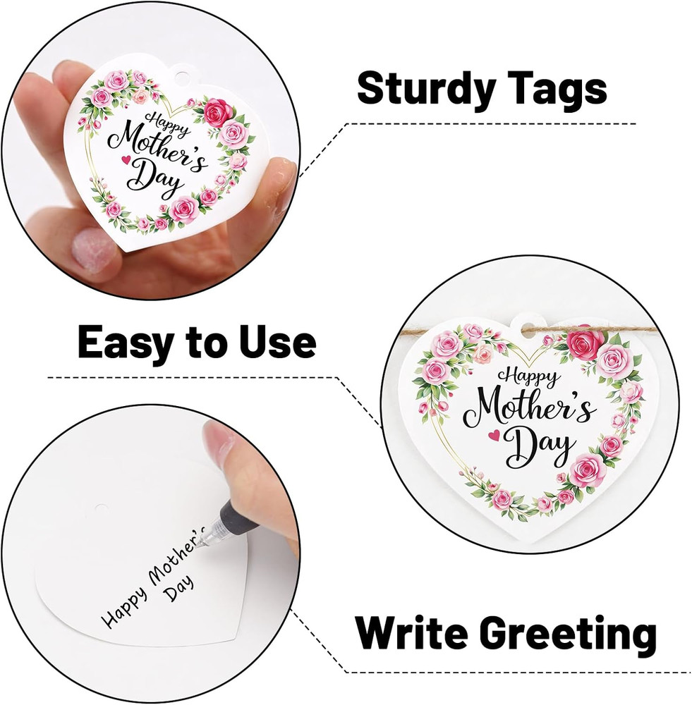 Mothers Day Gift Tags with String - 50 Personalized Floral Tags for Wrapping
