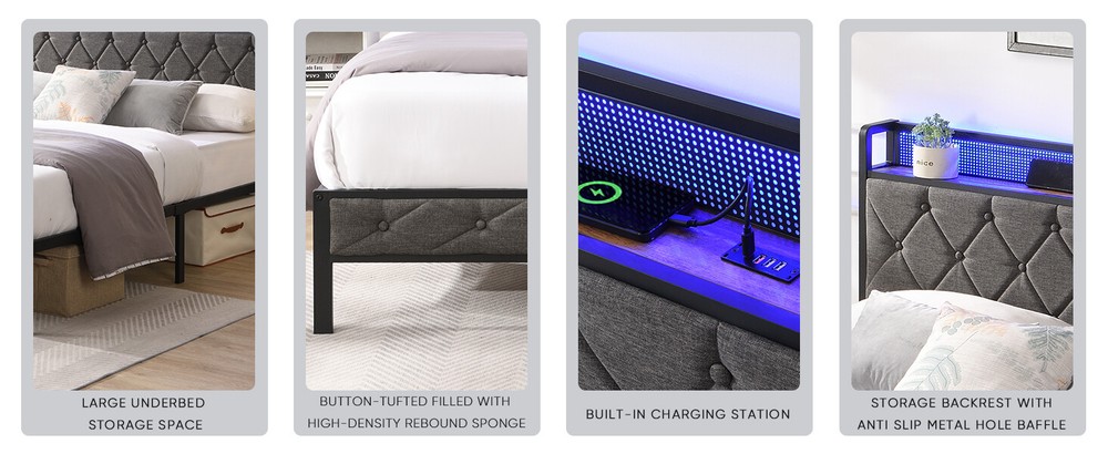 Full/Queen/King Bed Frame with Storage Headboard, Charging Station LED Lights,