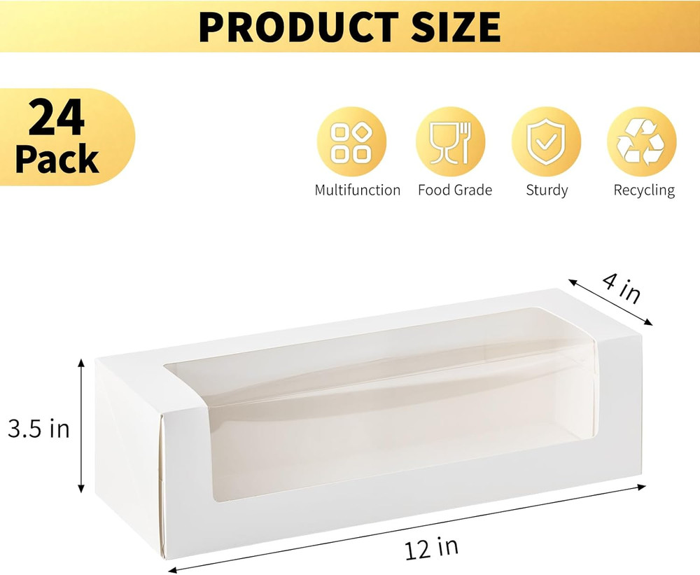 24 Pack 12"X 4" X 3.5" Roll Cake Boxes White Bakery Boxes with Windows Chocolate