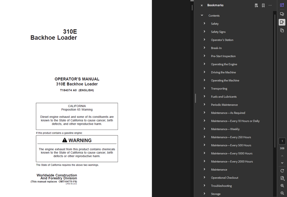 JOHN DEERE 310E BACKHOE LOADER OPERATORS OWNERS MANUAL PDF ON USB