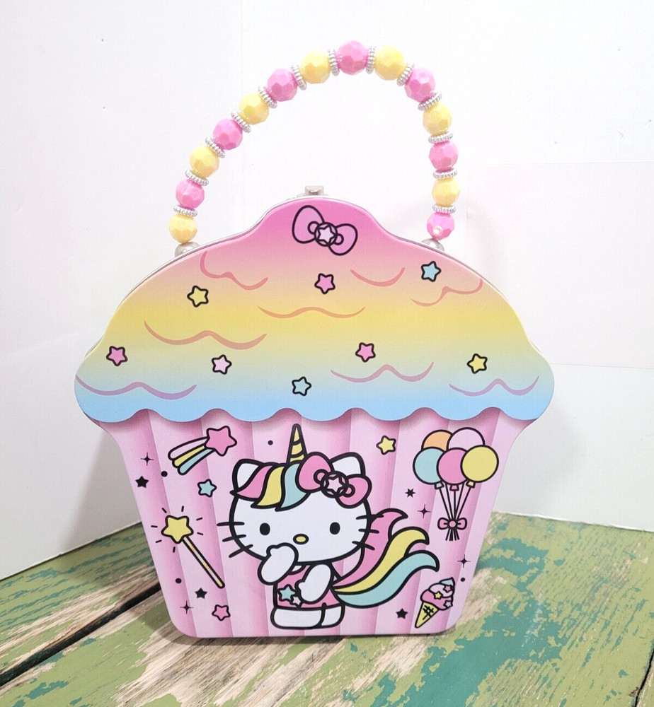 Hello Kitty Rainbow Unicorn Cupcake Shaped Easter Tin Box w/ Beaded Handle 7"H