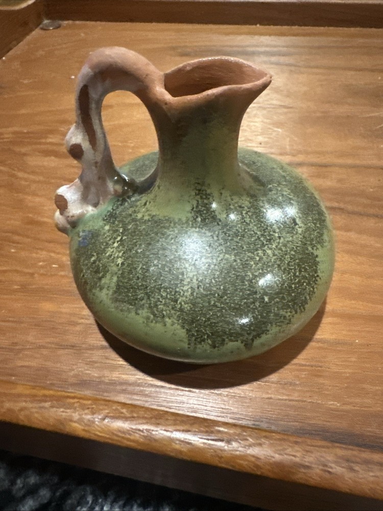 Handmade Studio Pottery Grey,Brown Green Glazed With Handle Mini Pitcher