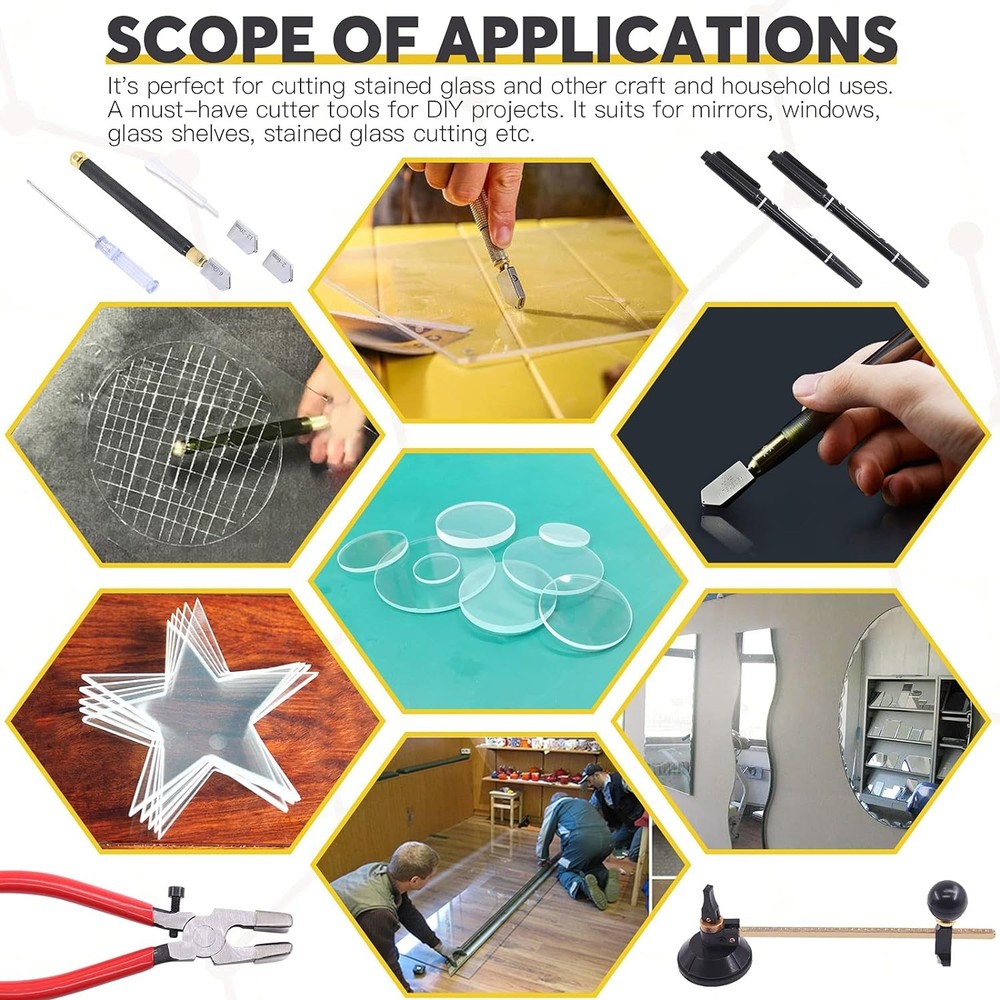 9 Pcs Glass Cutting Tool Set Kit Includes Adjustable Circular Cutter,...