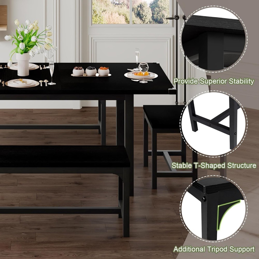 Dining Table Set for 4-8 People Extendable Kitchen Table with Benches Stools