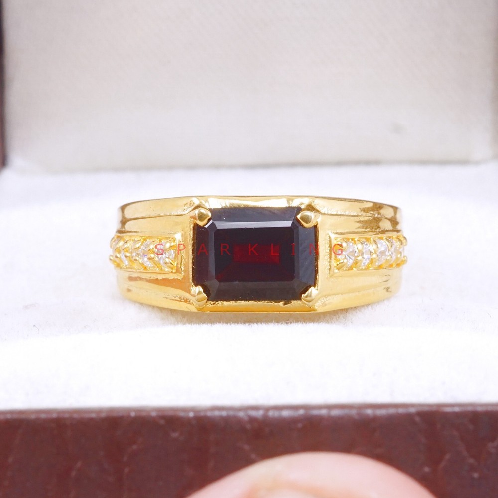 Garnet Emerald Cut With 14K Solid   Gold  Ring For Men's #E519