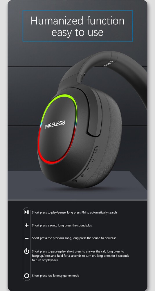 Wireless Bluetooth RGB Headset Mic For Universal iPad Tablet Computer PC Phones