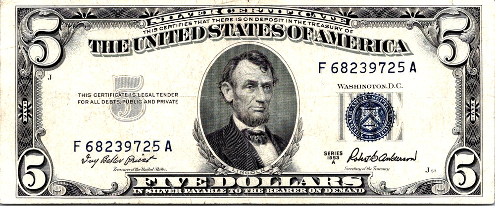 1953-A $5 Silver Certificate VF-CVF