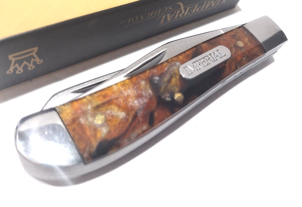 Imperial Schrade Amber Celluloid 2 Blade Medium Trapper Folding Pocket Knife