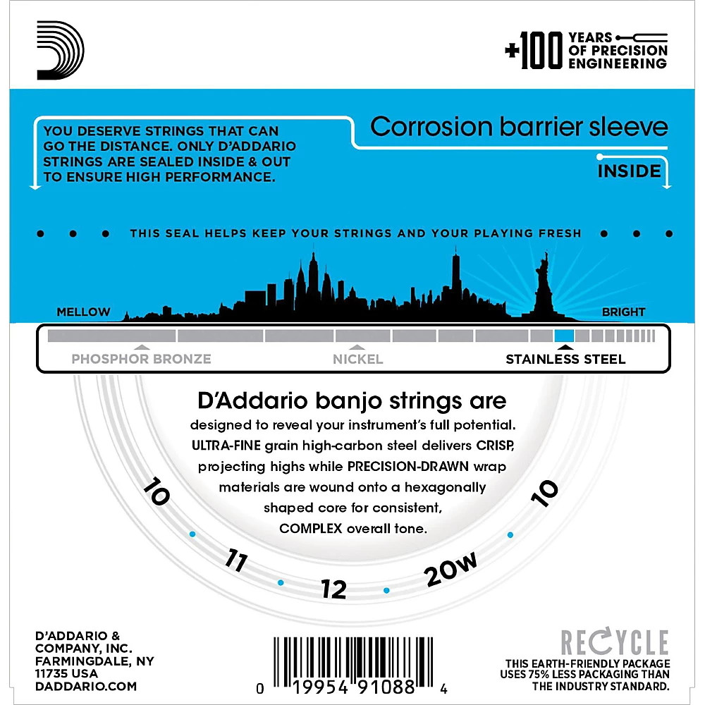 D'Addario EJS60 Stainless Steel Light 5-String Banjo Strings (9-20)