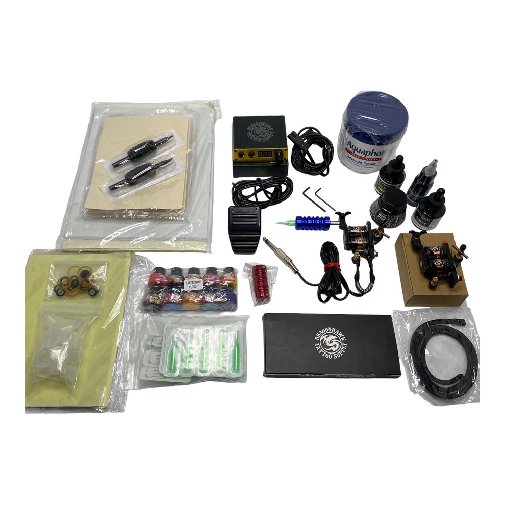 DragonHawk Tattoo Supply Kit 2 Guns - Power Supply - Ink - Needles - Transfer +