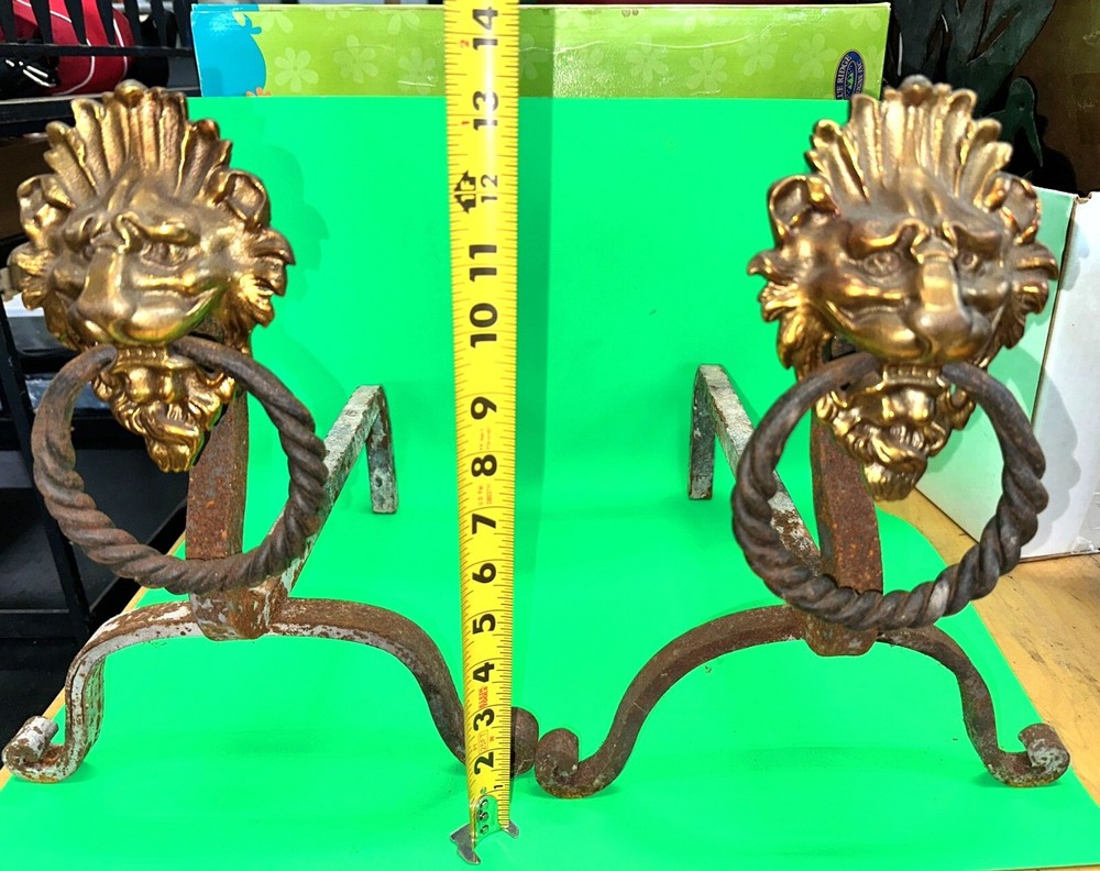 Very Nice  Iron & Bronze Lion Andirons