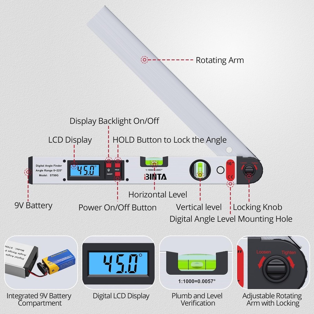 BINTA Digital Angle Finder Protractor 0-225° High Precision Measuring Tool Al...