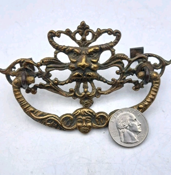 Antique Lion Face Drop Bail Pull Drawer Cabinet Handle Ornate Old Brass Hardware