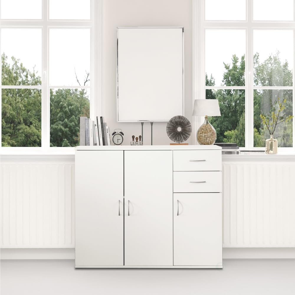 33-Inch White Sideboard Buffet Cabinet with Storage, Spacious Table Top, Large D
