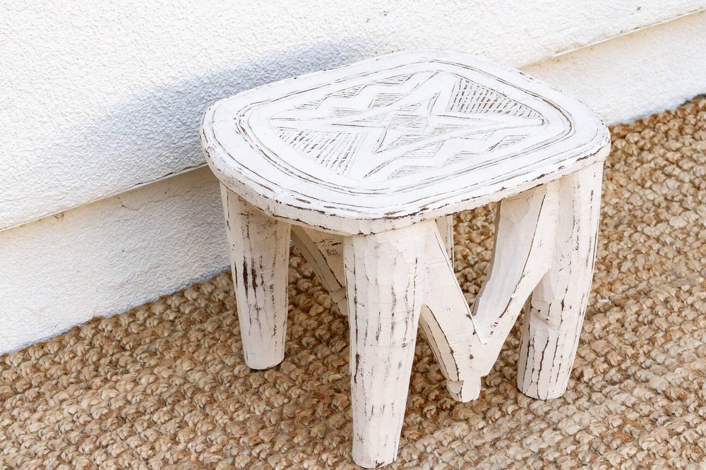 Tribal White African Wood Stool