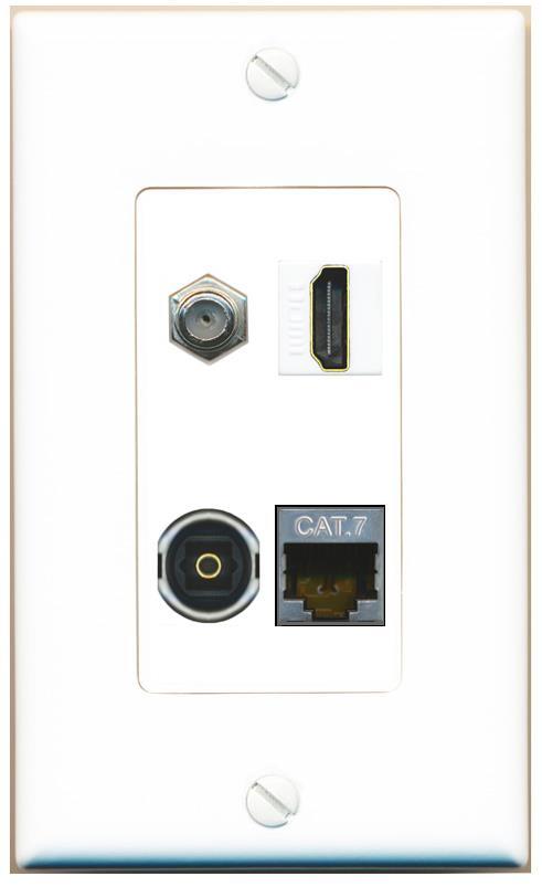 [4 Ports] CAT7 COAX HD TOSLINK Wall Plate DecorZ White