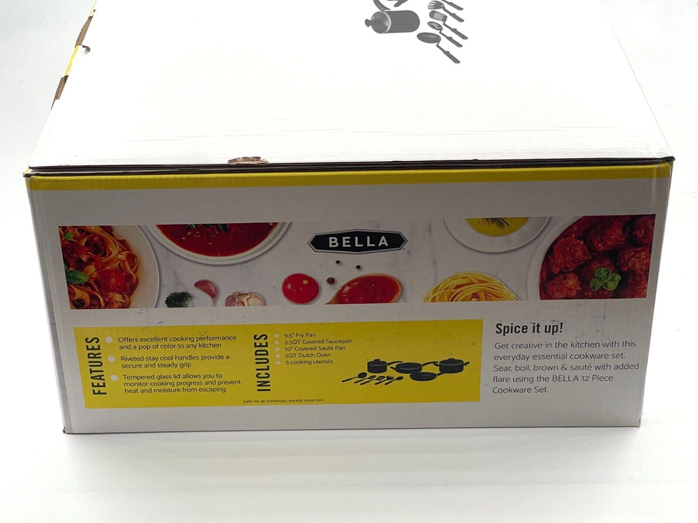 BELLA 12 Piece Nonstick Kitchen Essentials Cookware Set black New