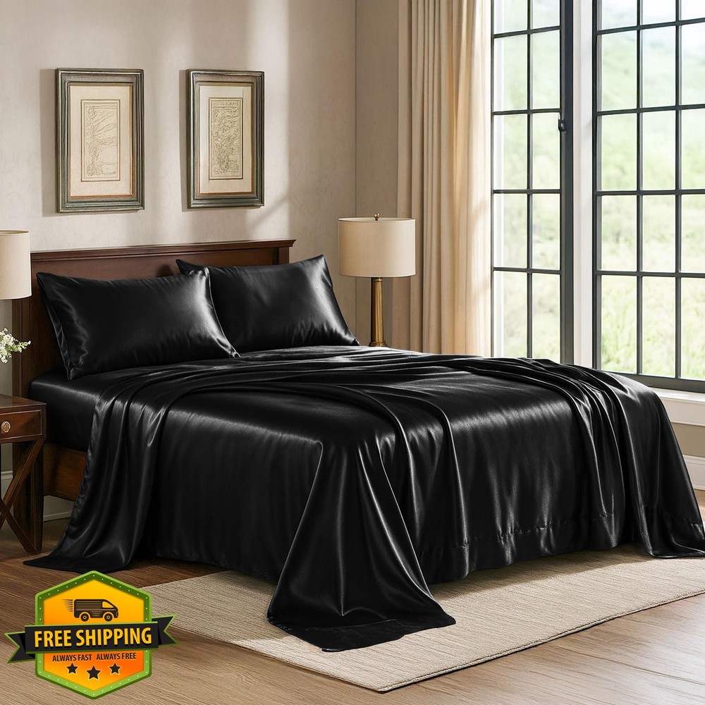 Black Satin Sheet Set Full 4-Piece Silky Microfiber