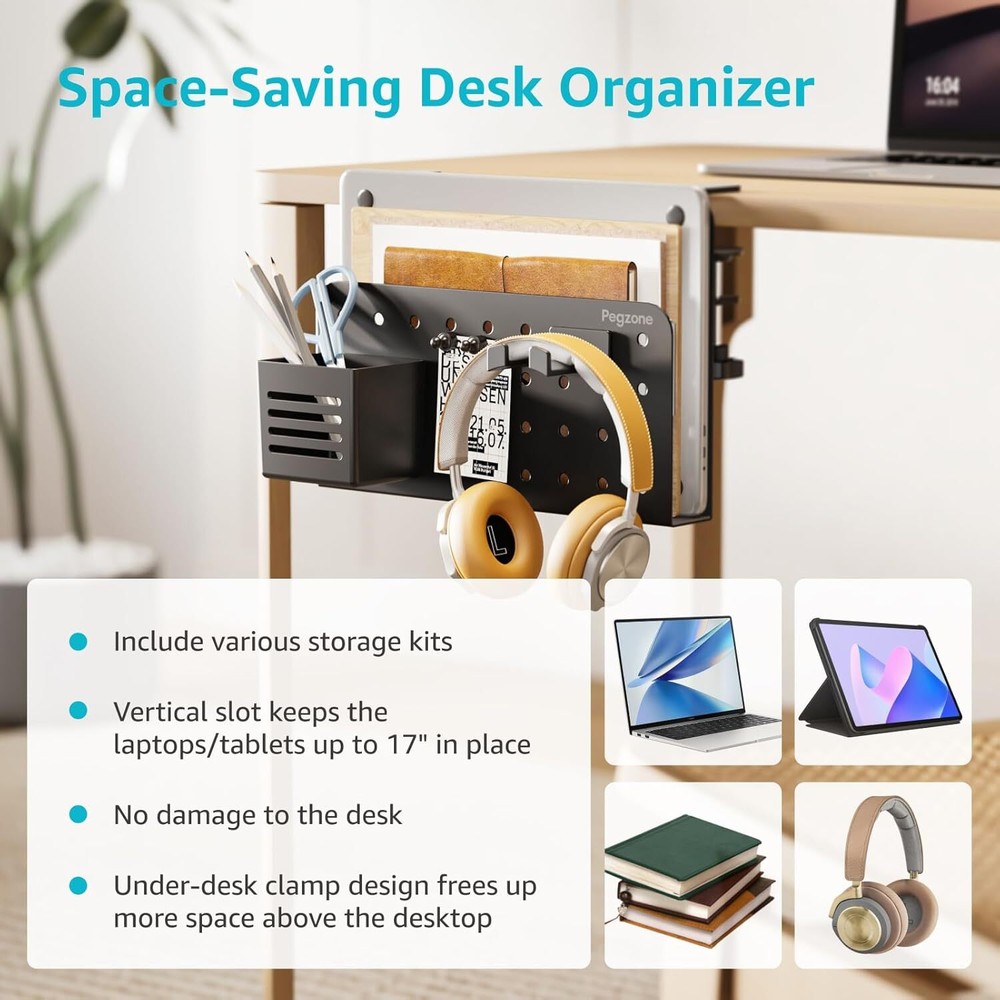 Desk Side Storage Organizer, No Drill Under Laptop Holder, Clamp Black
