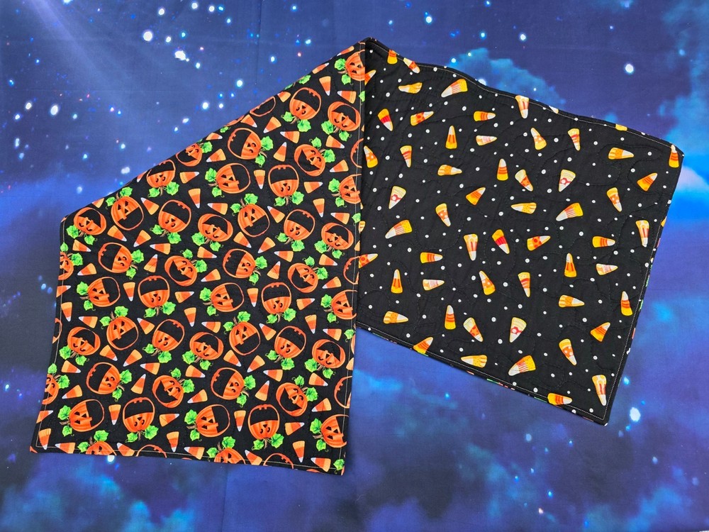 Handmade Quilted Table Runner Halloween Pumpkins candy corn polka dots