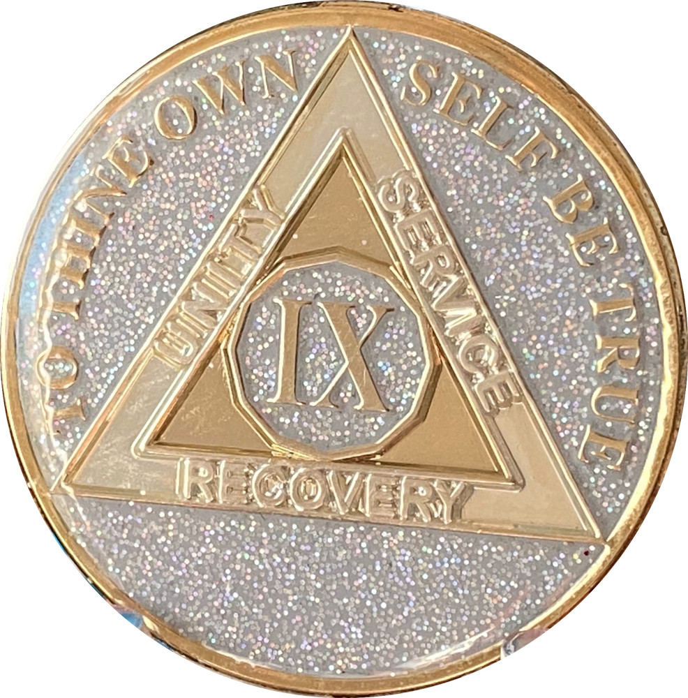 9 Year AA Medallion Opal Silver Glitter Tri-Plate Sobriety Chip