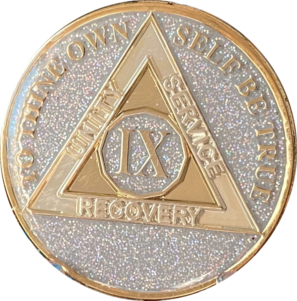 9 Year AA Medallion Opal Silver Glitter Tri-Plate Sobriety Chip