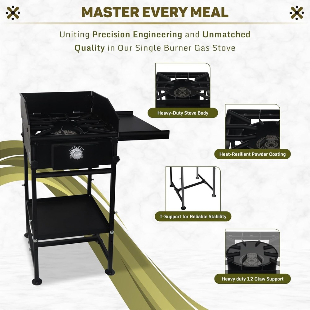Single Burner Propane Camping Stove - with Side & Bottom Shelf and Wind Panel