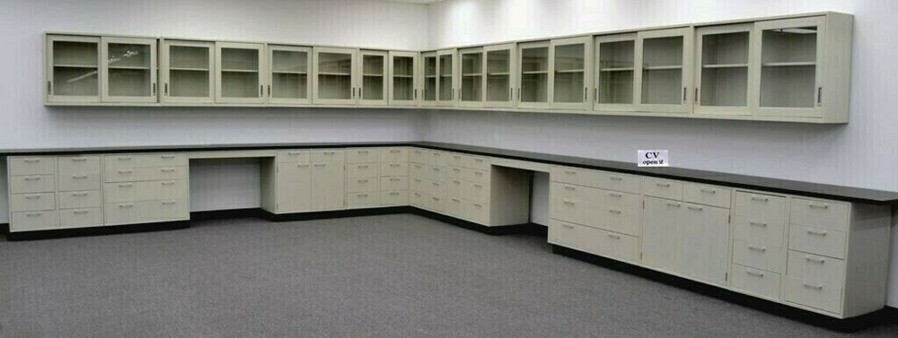 38' Base & 34' Wall Laboratory Cabinets w/ Black Tops & Bench Area /E1-019