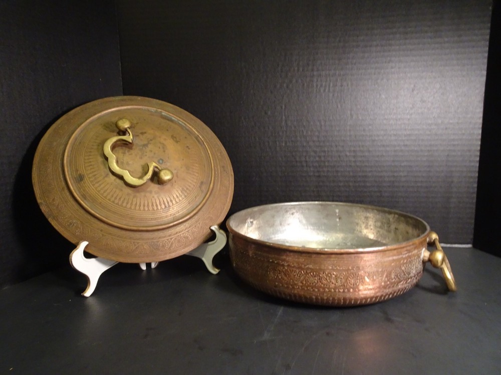 Antique Copper Tin Lined Chafing Dish Ornate Design