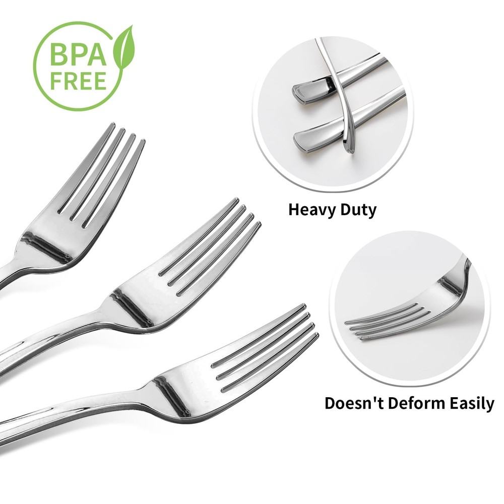 100 Pack Silver Plastic Forks, Heavy Duty Forks Disposable, Silver Plastic Cu...